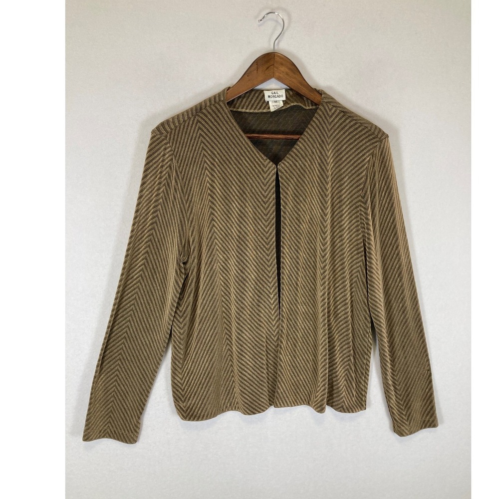 Dark Academia Gail Morgado M Brown Chevron‎ Ribbed Open Front Cardigan Made USA